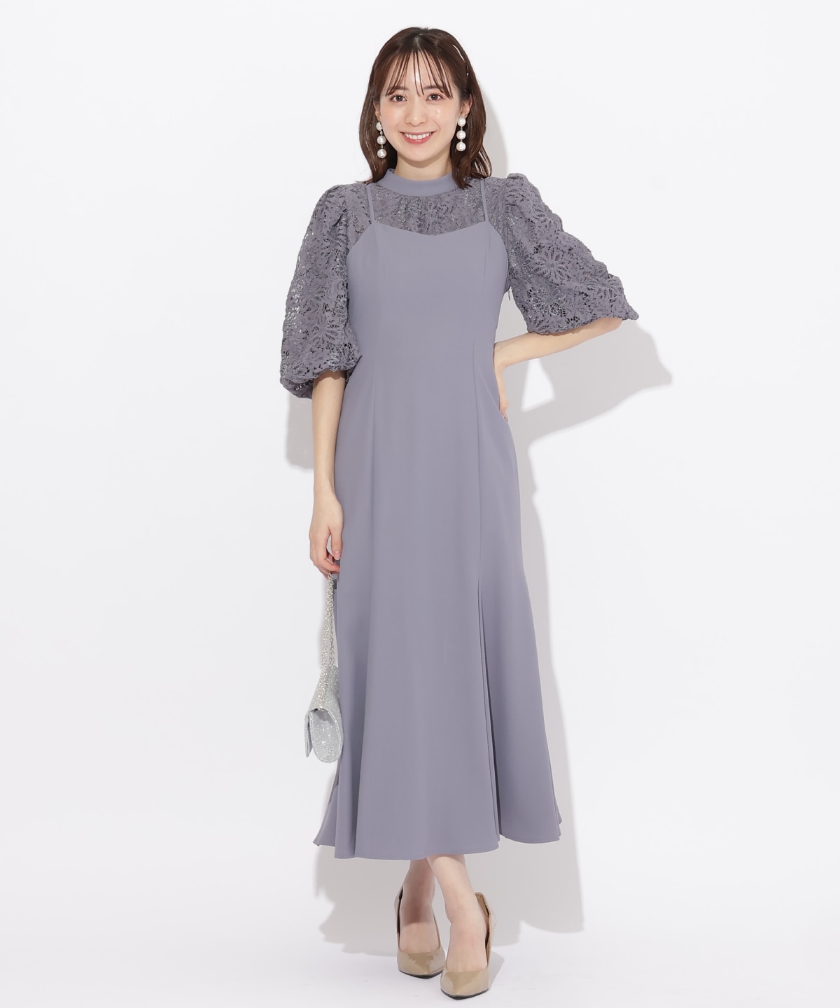 【美品】ウィルセレクション　美麗ドレープ　ペプラム　バックレースデザインドレス