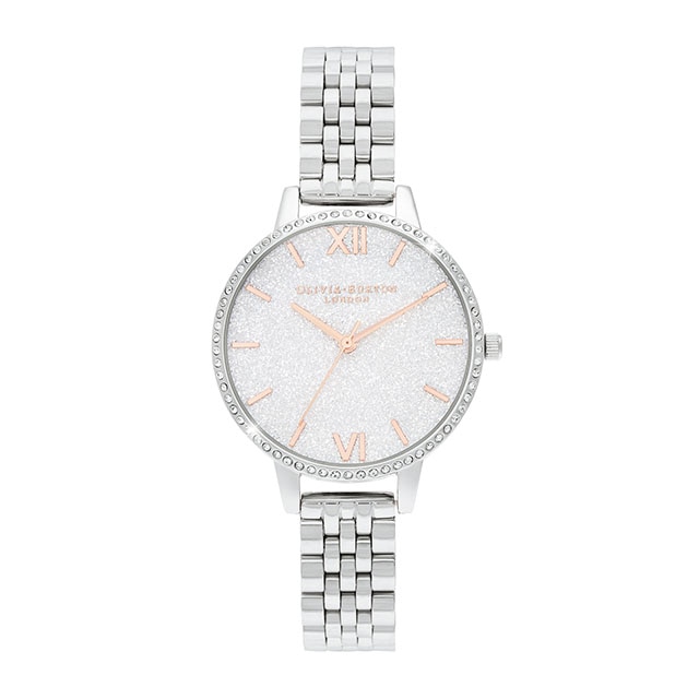 OLIVIA BURTON(ｵﾘﾋﾞｱﾊﾞｰﾄﾝ)34mm ｸﾞﾘｯﾀｰﾀﾞｲﾔﾙ ｽﾊﾟｰｸﾙｹｰｽ＆ｼﾙﾊﾞｰﾌﾞﾚｽﾚｯﾄ