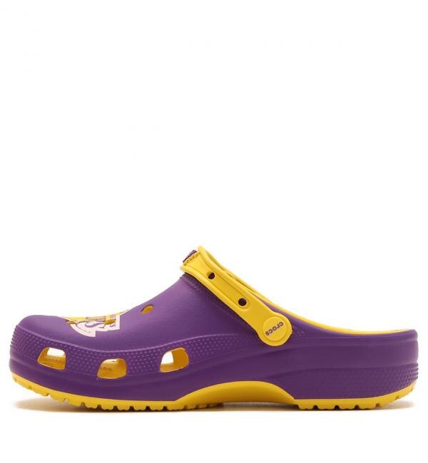 purple and gold crocs