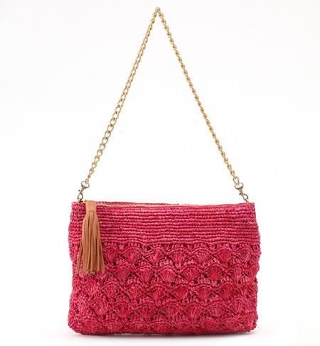 タッセル付きラフィアゴールドチェーンショルダーバッグ