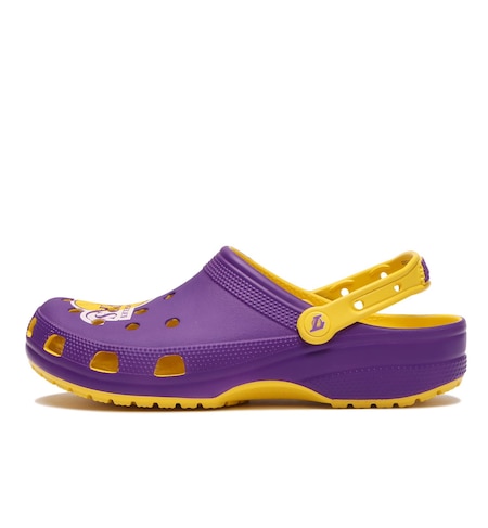 purple and gold crocs